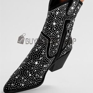 Women’s retro Black Studded Ankle cowboy Boots block heel western sz 36 pointy